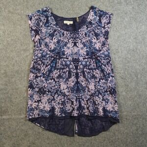 Rebecca Taylor Top Womens 6 Kiku Silk Floral Split Hem Blouse Blue Pink